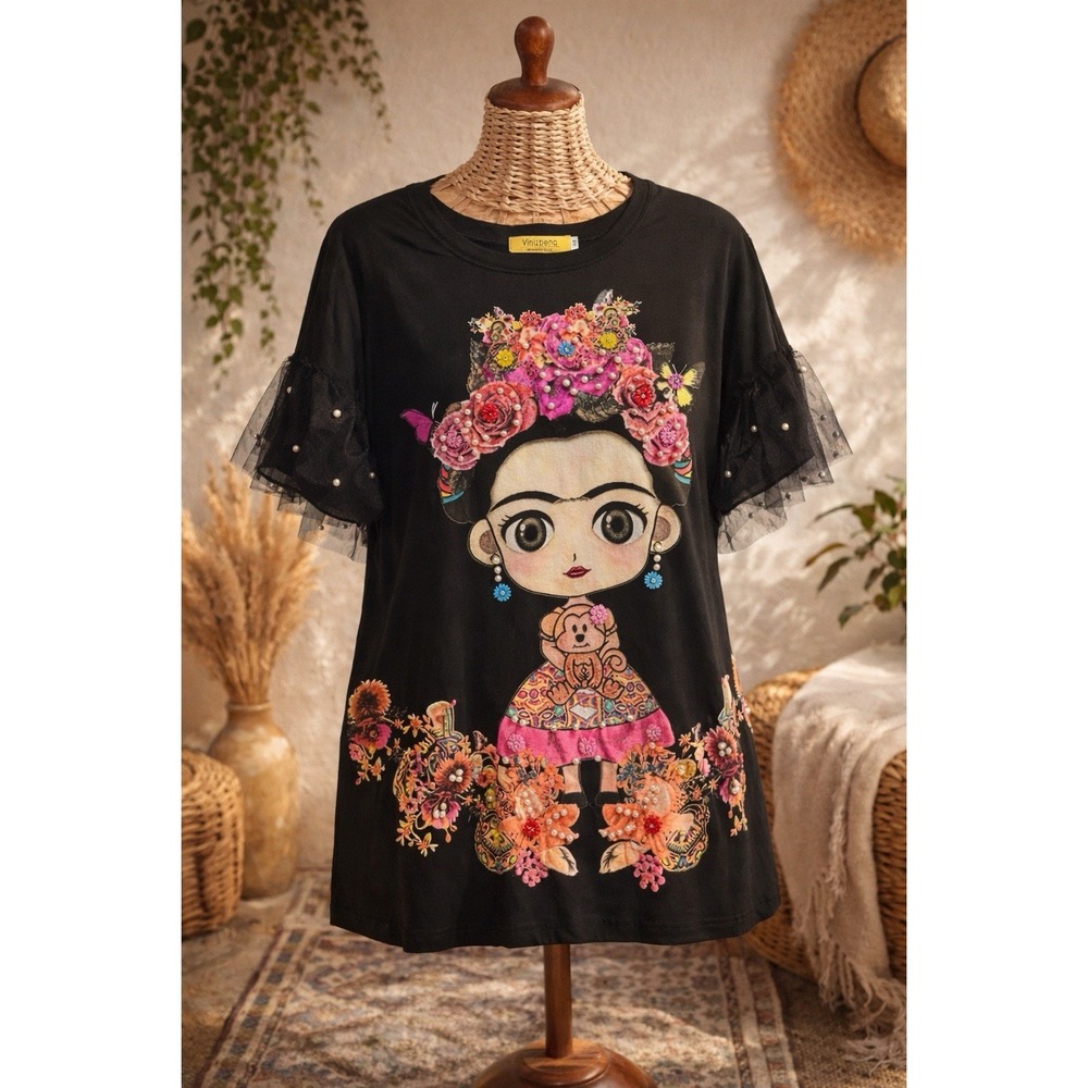 Vinizbena Italy Frida Kahlo Style Shirt XL Black Pearl Embellished Boho